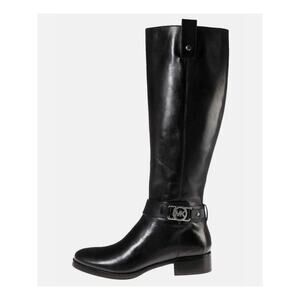 Michael Kors 7.5 Tall Leather Riding Boots $299 Knee High Charm Logo Flat Black